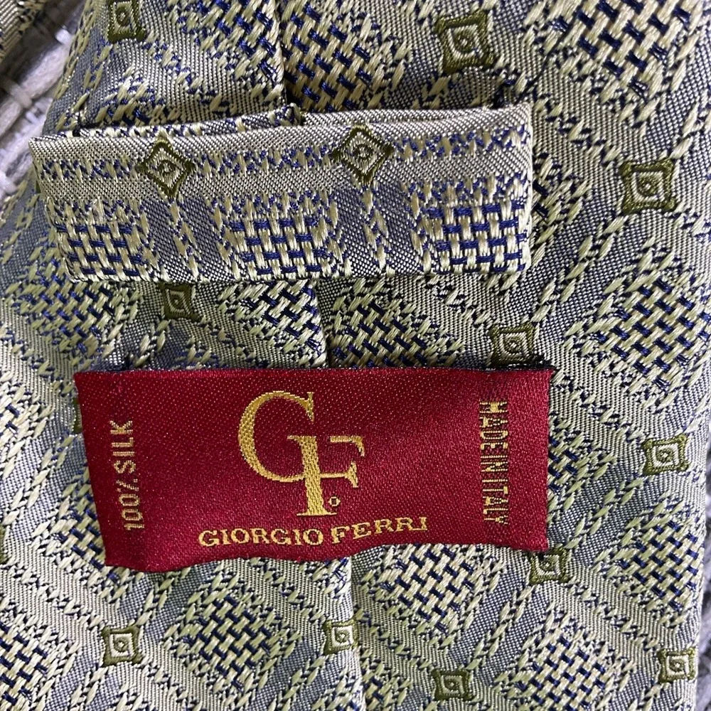 Giorgio Ferri Mens Gold Blue Geometric Diamond Silk Tie Made in Italy 59x3.75